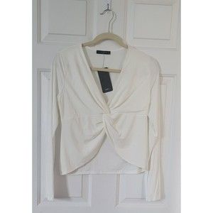 21 Saints Women's Twist Front V Neck‎ Cropped Front Blouse Size Large Ivory